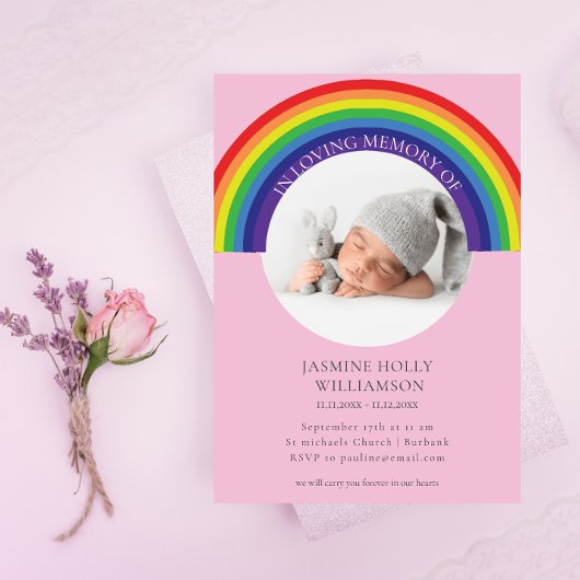 In Loving Memory Pink Rainbow baby Funeral Modern Kaart