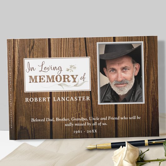 In Loving Memory rustiek hout, begrafenisfoto Gastenboek