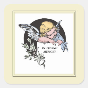 In Loving Memory Vintage Engel, Herinnering, Goud Vierkante Sticker