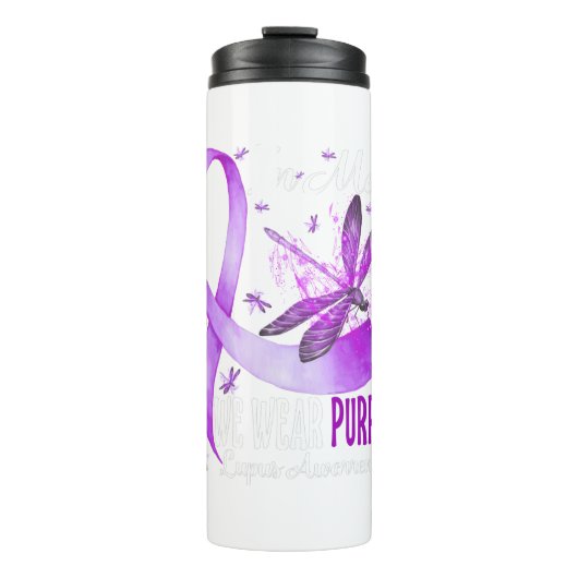 In mei Draag we Paarse Lupus Awareness Dragonfly.p Thermosbeker (Voorkant)
