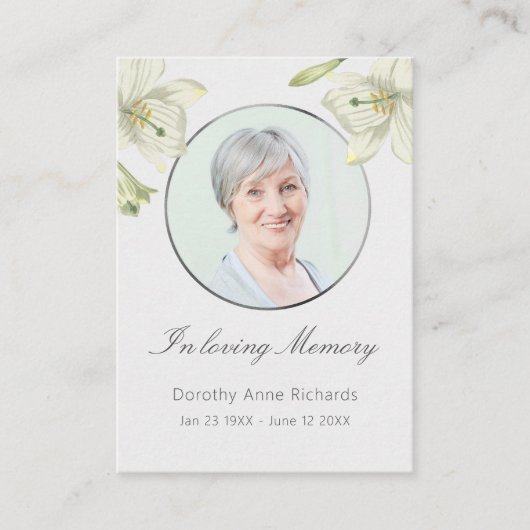 In memoriam Lelie Herdenkingskaart voor rouwceremo Visitekaartje (Voorkant)
