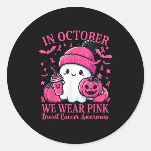 In October We Wear Nk Breast Cancer Boo Ghost Hall Ronde Sticker (Voorkant)