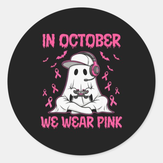In October We Wear Nk Breast Cancer Gaming Ghost Y Ronde Sticker (Voorkant)