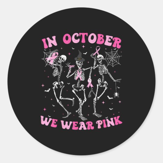 In October We Wear Nk Halloween Breast Cancer Skel Ronde Sticker (Voorkant)