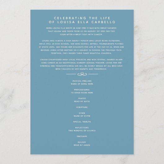 In onze harten begrafenisprogramma wit en blauw programma (Achterkant)