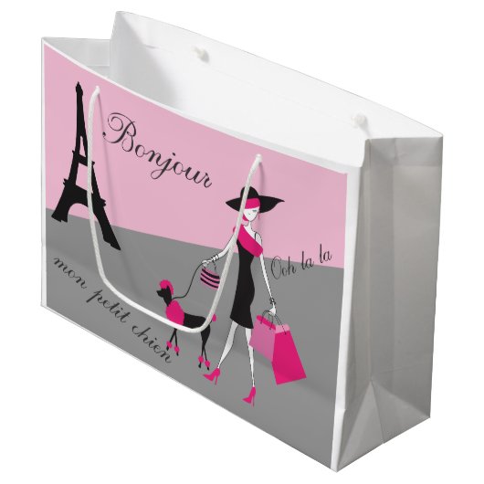In Paris Woman and Dog Pink and Black Large Cadeauzakje (Voorkant Gekanteld)