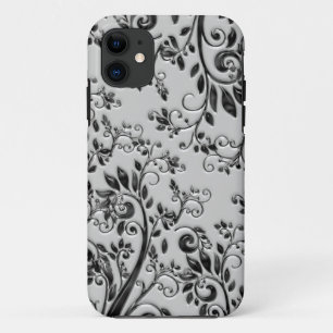 In reliëf gemaakte Zwarte Swirly Bloemen iPhone 11 Hoesje