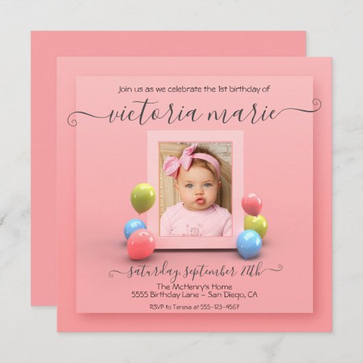 in roze 1e verjaardag fotoballon kaart (Voorkant / Achterkant)