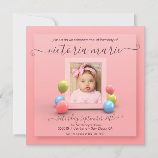 in roze 1e verjaardag fotoballon kaart (Voorkant)