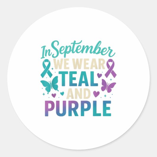 In September We Wear Teal And Purple Awareness Ronde Sticker (Voorkant)