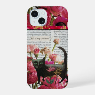In slaap vallen om zwarte kat hete roze bloemen te iPhone 15 hoesje