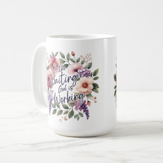 In Wachten werkt God Christelijk Bloemen Koffiemok (Voorkant links)