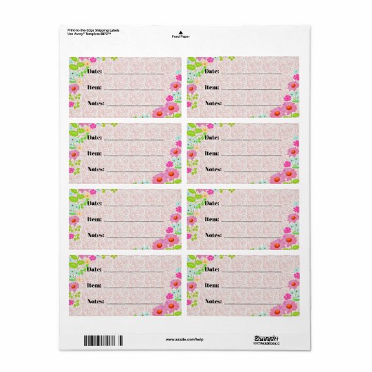 Inblikken en voedselopslag Roze Bloemetiketten Etiket (Full Sheet)