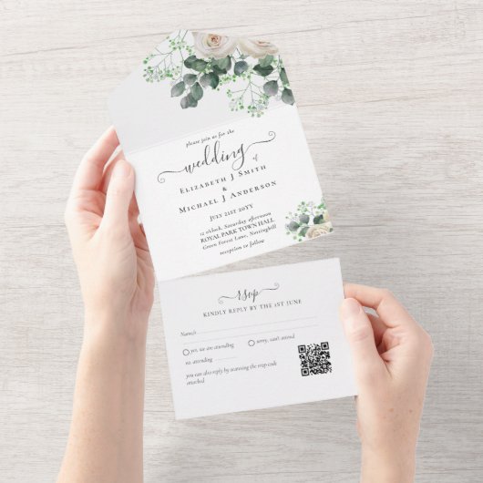 Inclusieve witte rozen sage bladeren bruiloft RSVP All In One Uitnodiging (Afscheurbaar)