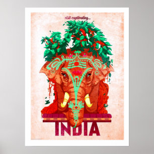 Inde, éléphant rouge, affiche de voyage vintage