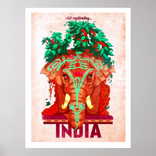 Inde, éléphant rouge, affiche de voyage vintage (Devant)