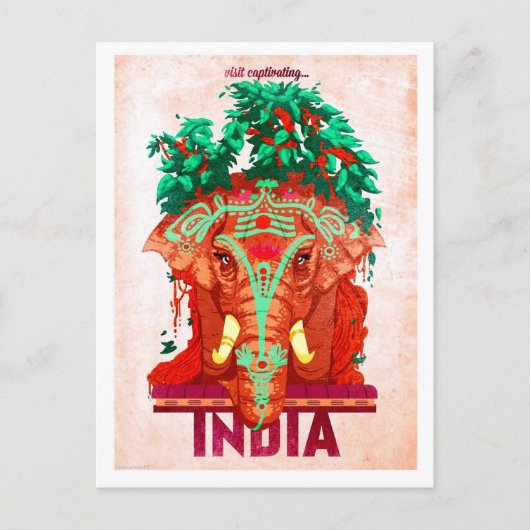 Inde, éléphant rouge, carte postale voyage vintage (Devant)