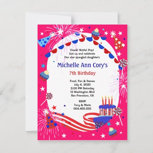 Indépendance Fille's Birthday Party Invitation (Devant)