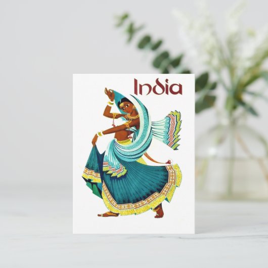 India, traditionele dansende vrouw, oud reizen briefkaart (Staand voorkant)