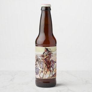 “Indiaan met speer” Cowboy Art door Charles Russel Bier Etiket