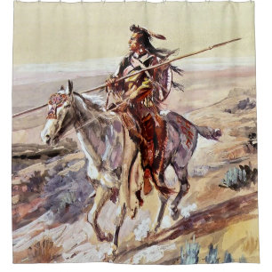 “Indiaan met speer” Cowboy Art door Charles Russel Douchegordijn