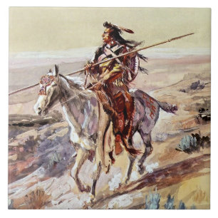“Indiaan met speer” Cowboy Kunst van Charles Russe Tegeltje