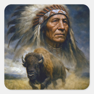 Indiaanse Chief met aanstormende Bizon Vierkante Sticker