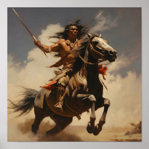 Indiaanse dappere gooien een speer van paard poster