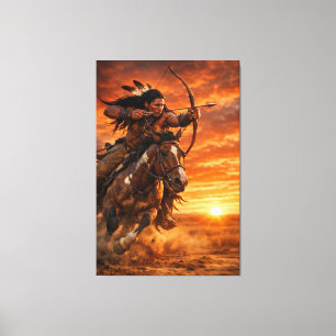 Indiaanse krijger galopperend paard bij zonsonderg canvas afdruk