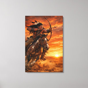 Indiaanse krijger op galopperend paard zonsonderga canvas afdruk