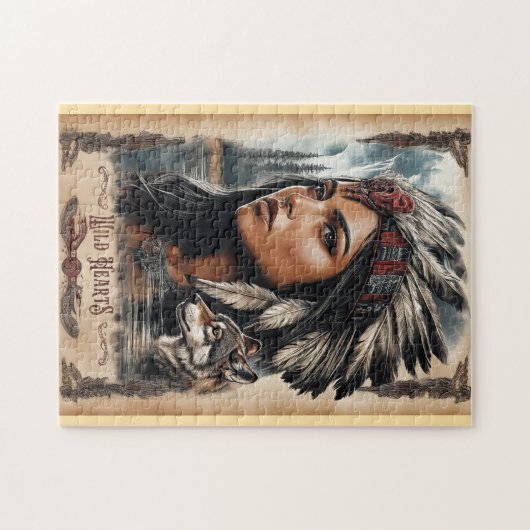 Indiaanse vrouw en wolf  ontwerp legpuzzel (Horizontaal)