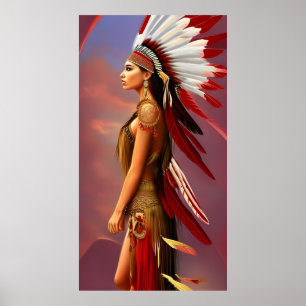 Indiaanse vrouw rode witte veren goud poster