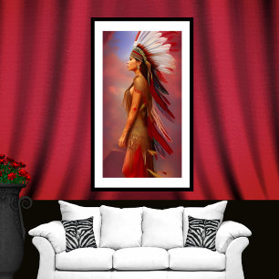 Indiaanse vrouw rood gouden veren blauw poster