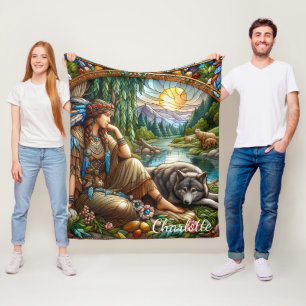 Indiaanse vrouw rust vredig uit met wolf fleece deken