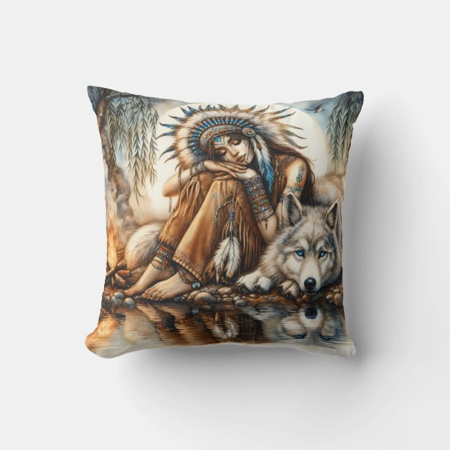 Indiaanse vrouw zit met een wolf aan het water kussen (Voorkant)