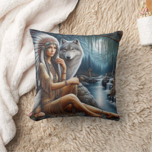 Indiaanse vrouw zit met een wolf aan het water kussen