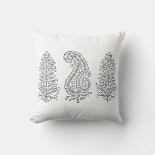 Indiaas Motif Handblock Print Gray op White Kussen