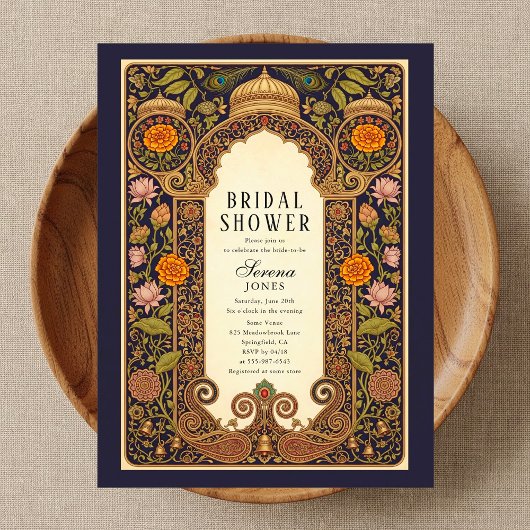 Indian Art Nouveau Floral Bridal Shower Uitnodiging Briefkaart