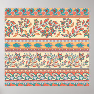 Indian Bloemen Grenzen Naadloos Patroon Poster