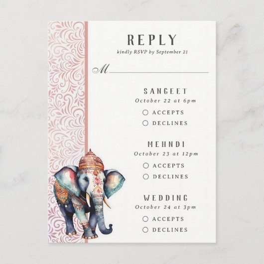 Indian Elephant Multi Event Wedding Carte RSVP (Devant)