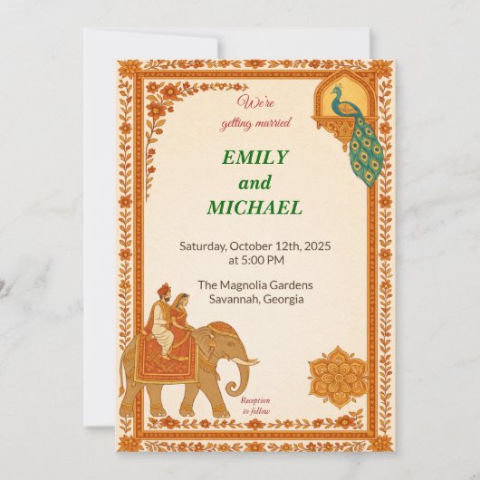 Indian Elephant & Peacock Floral Wedding Invitatio Kaart (Voorkant)
