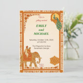 Indian Elephant & Peacock Floral Wedding Invitatio Kaart (Staand voorkant)