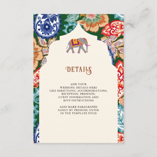 Indian Folk Art Elephant Cream Wedding Details Informatiekaartje (Voorkant)