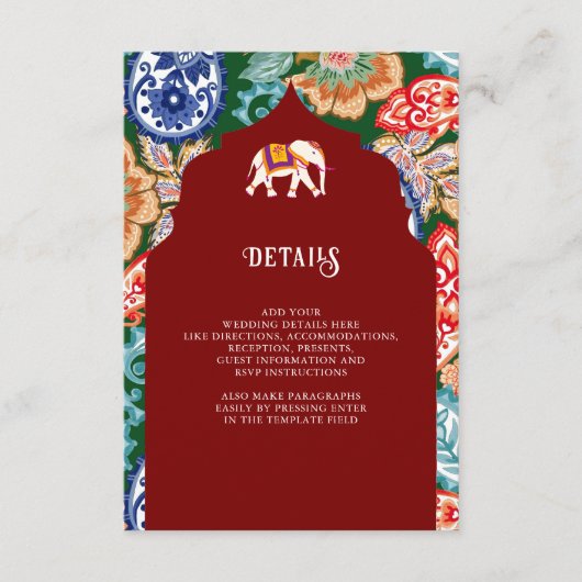 Indian Folk Art Elephant Donkerrood Bruiloftsdetai Informatiekaartje (Voorkant)