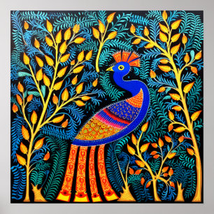 Indian Gond Art Peacock Zwart   Kunst van India Poster