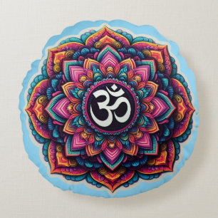 Indian Om Symbool in een kleurrijk mandala ontwerp Rond Kussen