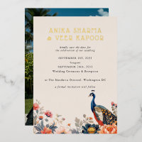 Indian Peacock Bloemen Foto Bruiloft Save the Date