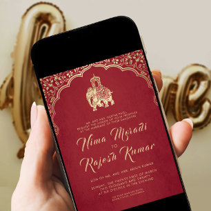 Indian Wedding Invitation, Red, Gold, Ganesha Inv Kaart