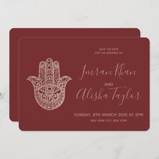 Indian Wedding Save the date Roos Gold hamsa Henna (Voorkant / Achterkant)
