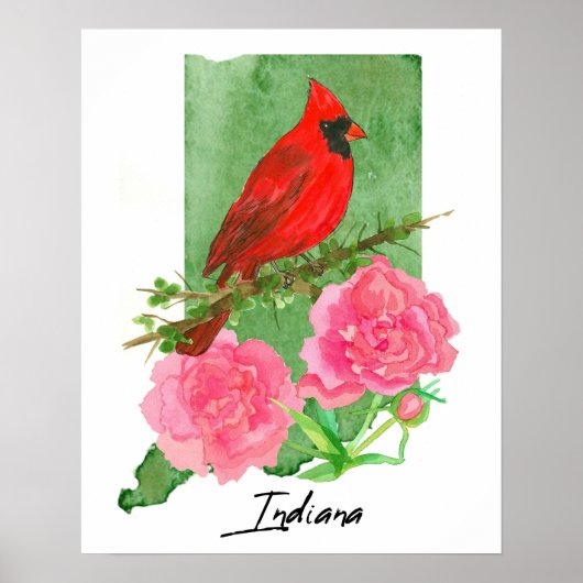 Indiana State Shape Hoosiers Cardinal Peonies  Poster (Voorkant)